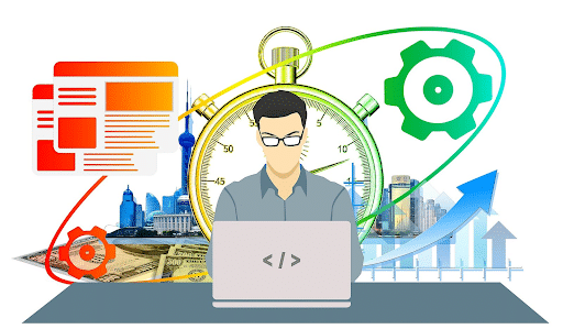 illustration of man workiong on laptop with colorful gears and webpage formats in the background 