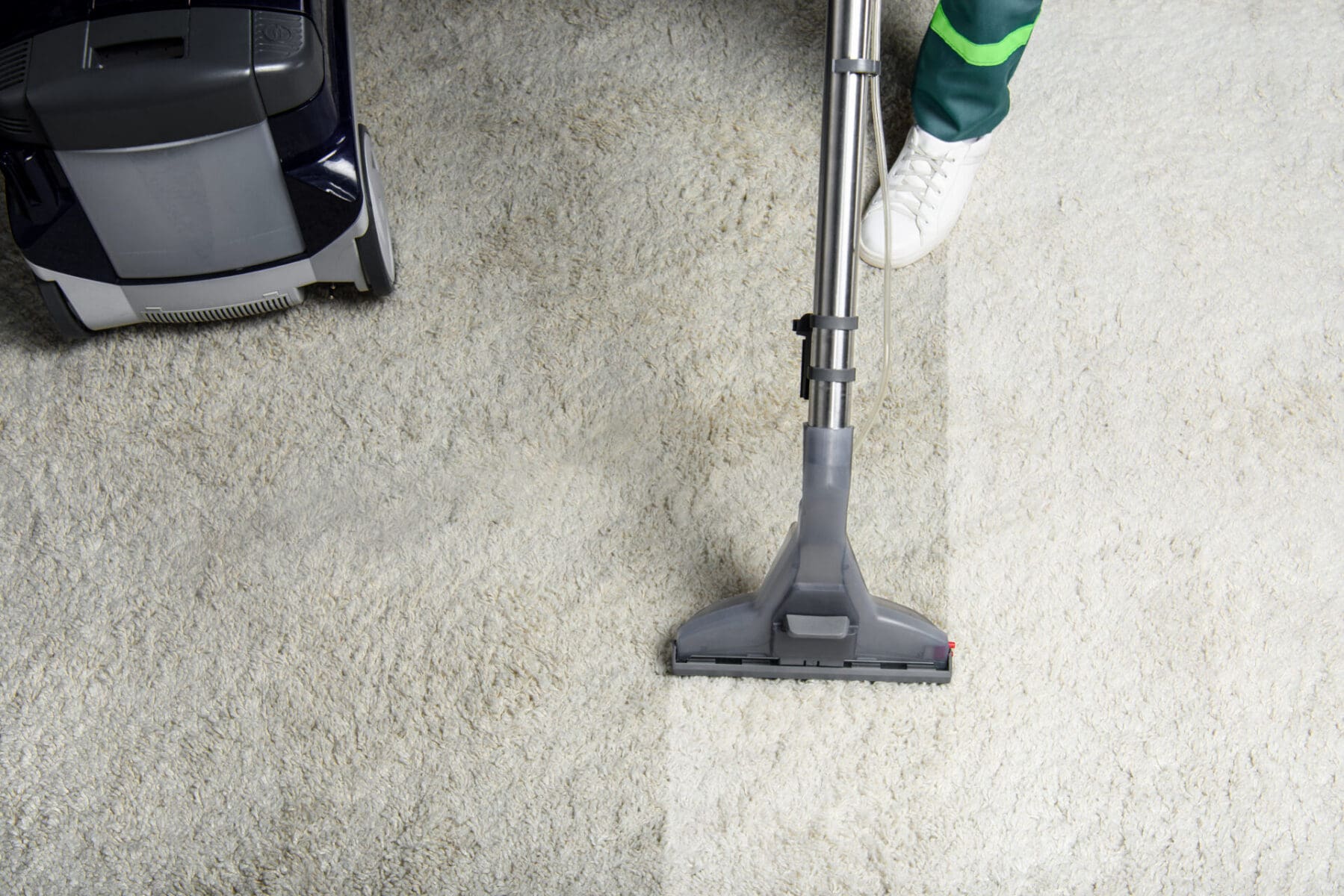 high angle view of person cleaning white carpet with professional vacuum cleaner carpet cleaning
