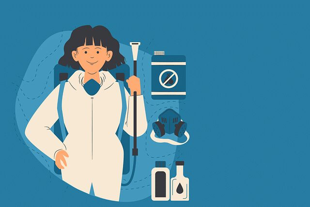 woman wearing white disinfecting jumpsuit holding disinfecting tools
