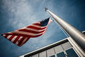 a view from underneath a flying American Flag