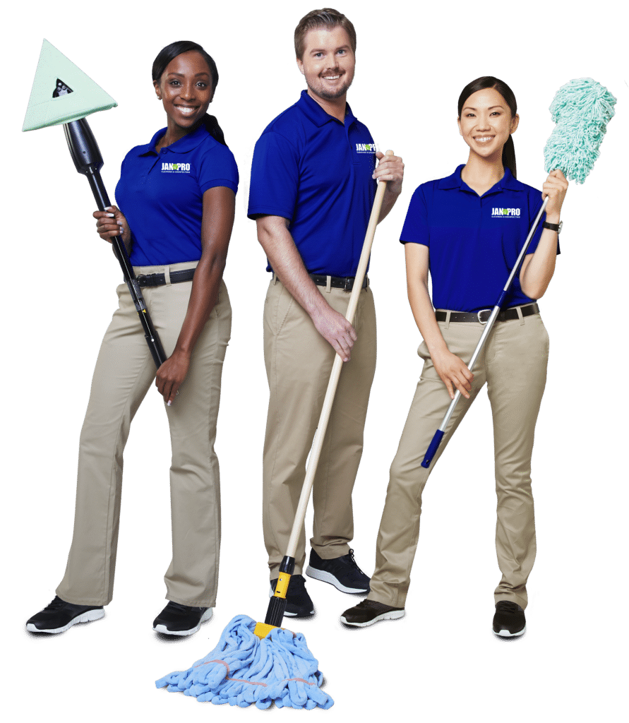 Three JAN-PRO Cleaning & Disinfecting employees holding 3 different cleaning tools