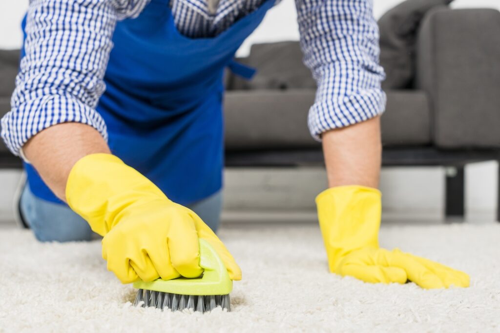 Commercial cleaner carefully cleaning a rug.