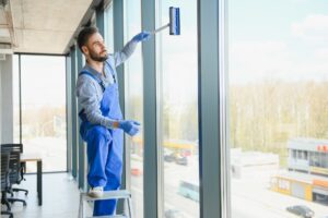 Young man cleaning window in office.