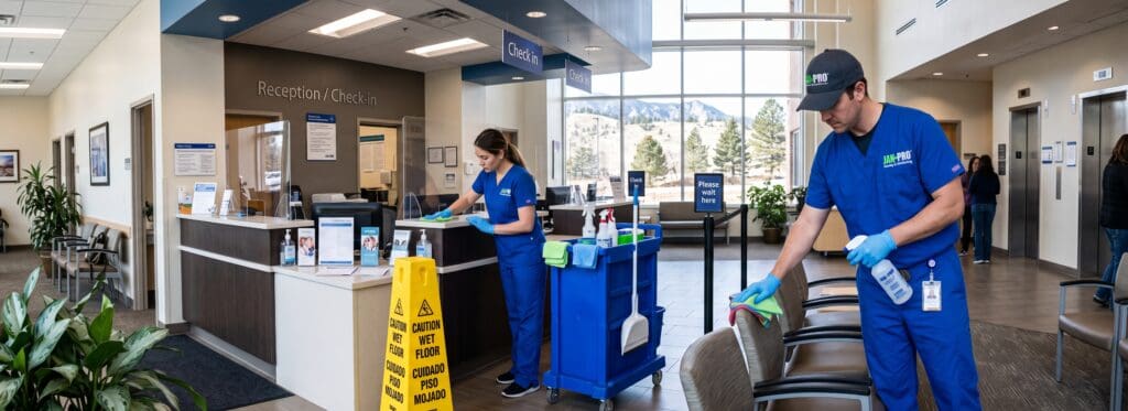 Certified JAN-PRO business owner cleaning a medical office reception area in Denver, Colorado