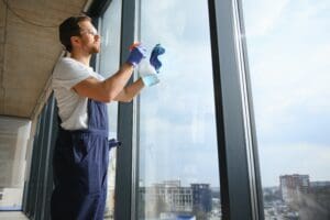 Young man washing window outdoors man cleaning window