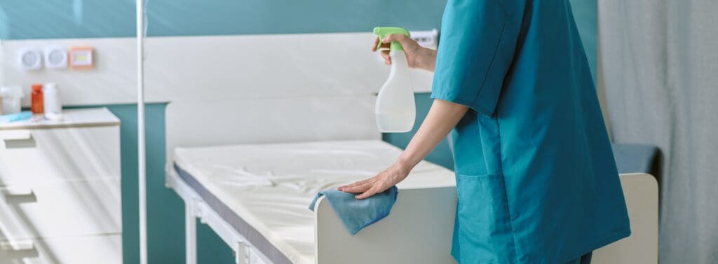a nurse cleaning a bed